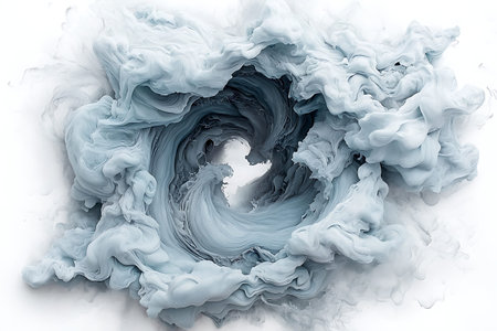 An abstract composition featuring swirling gray smoke forms a dynamic whirlwind on a white background, evoking feelings of serenity and elegance. Perfect for creative projects.の写真素材