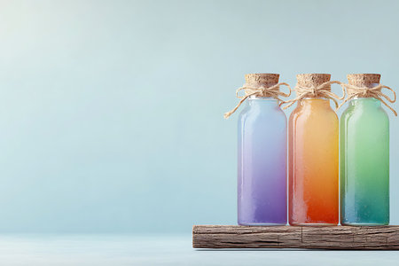 Three colorful glass bottles with cork stoppers sit on a wooden plank against a soft blue background, creating a serene and aesthetic display.の写真素材