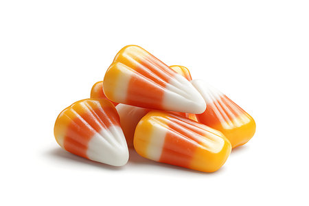 A vibrant arrangement of colorful candy corn stacked on a clean white surface, ideal for festive...