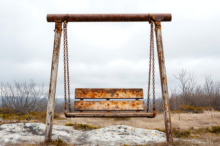 A rustic swing set sits alone in a vast, overcast landscape, evoking nostalgia and tranquility amidst a desolate backdrop of barren trees and grass.の写真素材
