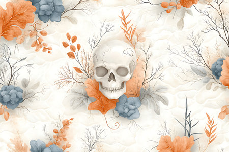 A captivating illustration featuring a skull surrounded by delicate floral elements in soft pastel colors. Perfect for artistic backgrounds and seasonal themes.の写真素材