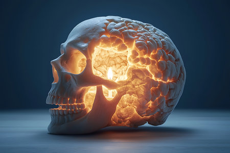 Stunning sculpture of a skull with a glowing candle illuminating brain details, creating a captivating visual contrast in a dark setting.の写真素材