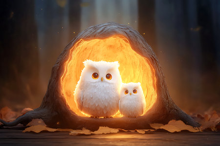 Two delightful owls cuddle closely in a warm, glowing hollow, surrounded by a serene forest. This enchanting scene captures the beauty of nature, showcasing the bond between mother and baby owls.の写真素材