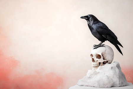 A striking black raven elegantly perched on a white skull, featuring a soft pink background, creating a captivating and artistic visual. Ideal for themes of mystery and nature.の写真素材