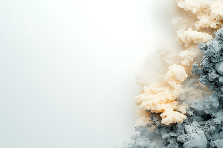 Abstract composition featuring soft gray and cream smoke rising against a light background, creating a serene and ethereal atmosphere ideal for artistic projects.の写真素材