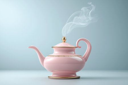 This elegant pink teapot features steam rising from its spout, creating a warm and inviting atmosphere perfect for tea time or home decor.の写真素材