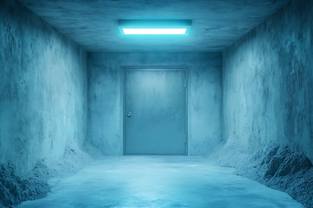 This atmospheric image captures a dark corridor illuminated by blue light, leading to a closed door. The eerie environment evokes feelings of mystery and isolation.の写真素材