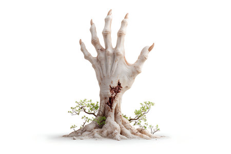 A surreal depiction of a hand emerging from the earth, surrounded by small plants, symbolizing themes of life and decay in an artistic expression.の写真素材