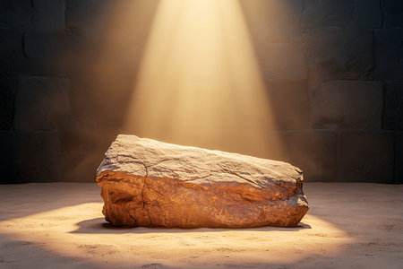 A large rock sits alone in a dark space, illuminated by stunning rays of light that create a serene and dramatic atmosphere.の写真素材