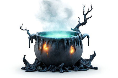 This captivating image showcases an enchanted cauldron bubbling with glowing liquid, surrounded by twisted branches and ethereal smoke, perfect for Halloween or fantasy themes.の写真素材