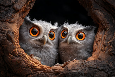 Two young owls with large orange eyes peek curiously from a hollow tree stump, showcasing their fluffy feathers and charming expressions in a captivating wildlife scene.の写真素材