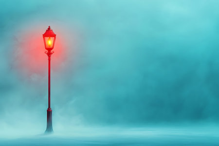 A red street lamp shines through a thick blanket of fog, creating a mysterious and serene nighttime scene. Ideal for evoking feelings of solitude and intrigue.の写真素材