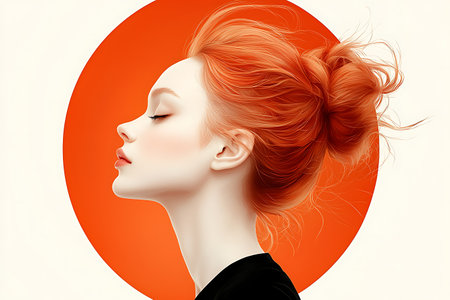 A captivating portrait of a woman with striking red hair showcased in profile against a vibrant orange backdrop. This artistic image highlights beauty and elegance.の写真素材