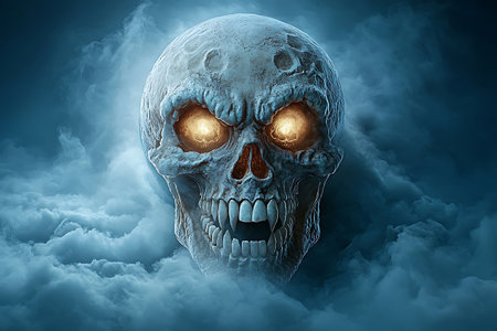 This striking image features a large skull surrounded by swirling clouds, illuminated by glowing eyes that evoke a sense of eerie beauty and mystery.の写真素材