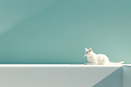 A serene white cat rests on a minimalist shelf against a soft blue wall, capturing a tranquil moment in modern interior design. Ideal for animal lovers.の写真素材