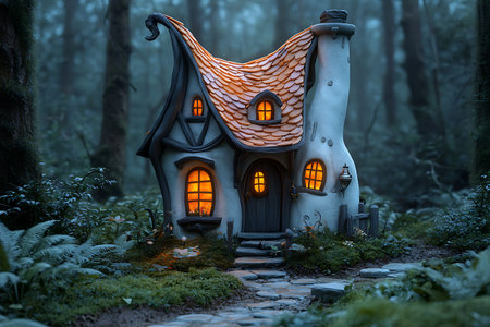 A charming whimsical cottage nestled in a serene forest, illuminated by warm glowing windows at twilight, creates a magical and peaceful atmosphere.の写真素材