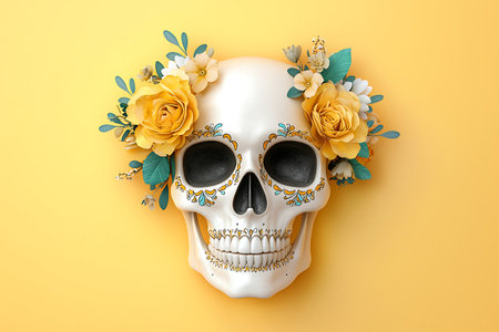 This striking decorative skull features vibrant yellow flowers set against a bright yellow background, perfect for artistic and festive celebrations.の写真素材