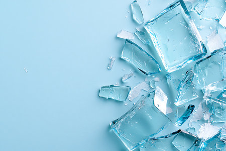 A collection of broken ice cubes scattered artistically on a light blue background, creating a refreshing and cool atmosphere perfect for beverage themes.の写真素材