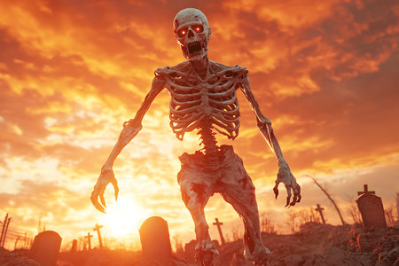A haunting skeleton rises dramatically against a vibrant sunset. This eerie scene captivates with its spooky atmosphere and chilling detail, perfect for horror-themed projects.の写真素材