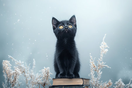 A charming black cat sits on a stack of books, gazing upward while delicate snowflakes fall around it, creating a serene winter atmosphere.の写真素材