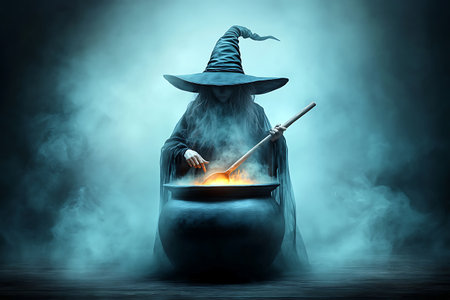 A captivating image of a sorceress casting a spell over a bubbling cauldron, surrounded by mystical smoke and an eerie glow. Perfect for fantasy art.の写真素材