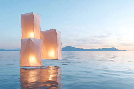 Beautiful scene of floating lanterns glowing softly on tranquil water during dusk, creating a serene...