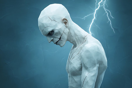 This captivating abstract art piece features a sorrowful humanoid figure against a stormy backdrop. The artwork conveys deep emotion through its detailed design and dramatic lightning.の写真素材