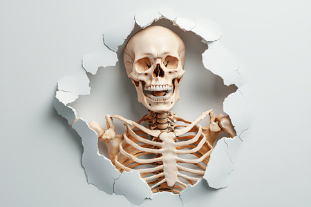 A striking human skeleton appears to emerge from a cracked wall, creating a fascinating blend of art and humor. Perfect for Halloween themes or medical illustrations.の写真素材