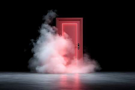 A striking red door emerges from swirling fog in a dark setting, evoking a sense of mystery and intrigue. Perfect for creative projects.の写真素材