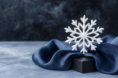 A beautiful white snowflake decoration rests on dark blue fabric, creating a festive winter atmosphere. Perfect for holiday themes and seasonal designs.の写真素材