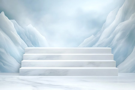 A pristine marble staircase set against a dreamy blue and white abstract background of ice mountains, creating an elegant and minimalistic atmosphere for creative projects.の写真素材