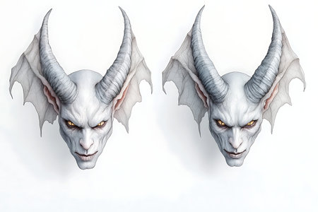 This unique artwork features a captivating display of mythical demon masks, highlighting intricate...