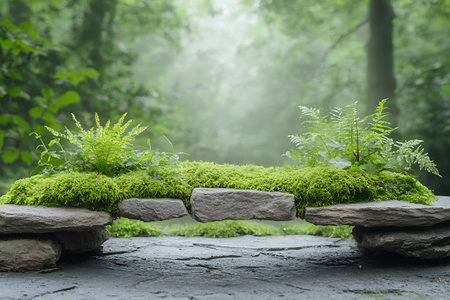 A tranquil stone bridge covered with lush green moss and vibrant ferns, surrounded by a misty forest, creates a serene escape into nature's beauty.の写真素材