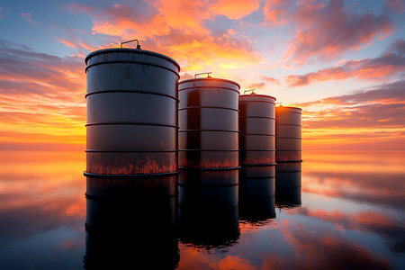 A captivating view of cylindrical storage tanks at sunset, beautifully reflecting in calm waters. Vibrant clouds and tranquil colors create an atmospheric landscape.の写真素材