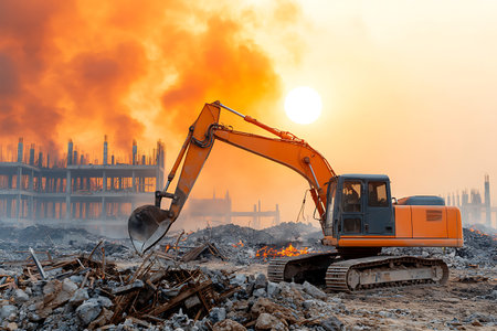 An excavator operates on a construction site engulfed in smoke and fire as the sun sets in the background, highlighting urban demolition efforts.の写真素材