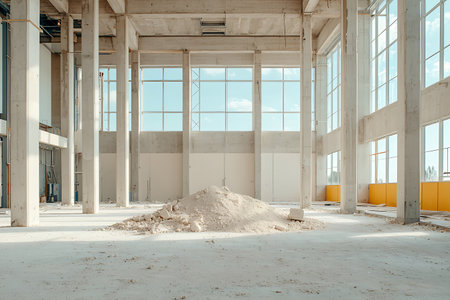 This image features an empty industrial interior showcasing a pile of construction debris on the floor, illuminated by abundant natural light streaming through large windows.の写真素材