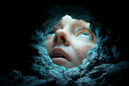 A striking image featuring a woman's face peering upwards from the depths of a cave, her eyes wide with wonder. The dramatic light contrasts with the surrounding darkness, creating an ethereal atmosphere of exploration and mystery.の写真素材