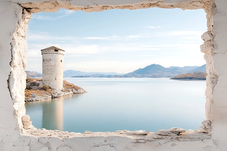 A stunning view of a historical tower framed by a cracked wall, overlooking a serene lake and distant mountains. Perfect for nature and travel themes.の写真素材