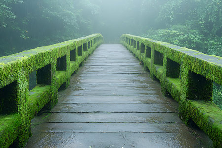 A mesmerizing moss-covered bridge appears amidst a foggy forest, surrounded by vibrant greenery....