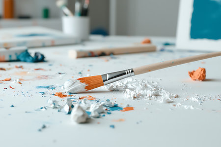 A captivating view of an artist's workspace featuring a paintbrush resting on a color splattered surface, showcasing creativity and artistic flair.の写真素材
