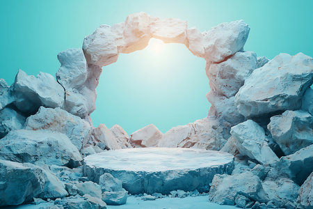 This visually captivating image features a surreal rock formation creating an archway, illuminated by bright light. Ideal for artistic projects.の写真素材