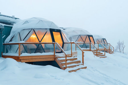 Experience the beauty of winter with these cozy geodesic domes, offering warmth and comfort amid a snowy landscape. A perfect escape for nature lovers!の写真素材