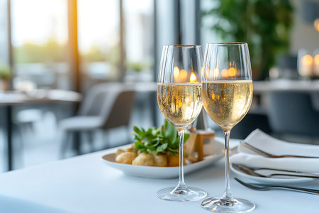 Two elegant glasses of sparkling wine sit on a beautifully set table in a modern restaurant, complemented by gourmet food, creating a warm and inviting atmosphere.の写真素材