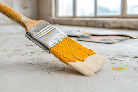 A close-up view of a paintbrush applying bright yellow paint onto a freshly finished surface in a renovated room, highlighting creativity and renovation.の写真素材