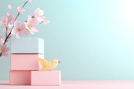 A serene arrangement featuring colorful blocks and delicate cherry blossoms, complemented by a cheerful bird. Ideal for spring-themed decor, invitations, or artistic displays.の写真素材