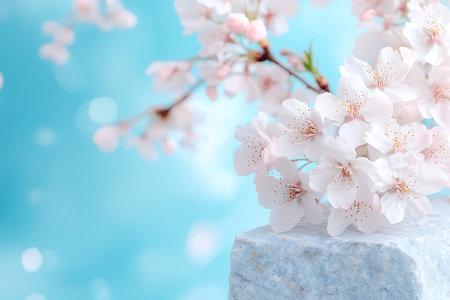 A close-up view of delicate cherry blossoms resting on a stone with a soft blue background. The serene composition evokes feelings of tranquility and natural beauty.の写真素材