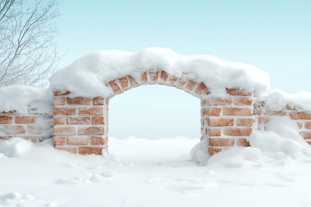 A beautiful snow-covered brick archway stands in a quiet winter landscape, surrounded by bright skies and serene scenery, perfect for seasonal themes.の写真素材