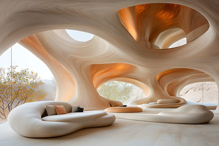 Explore a stunning modern interior featuring organic shapes, natural light, and a serene atmosphere...