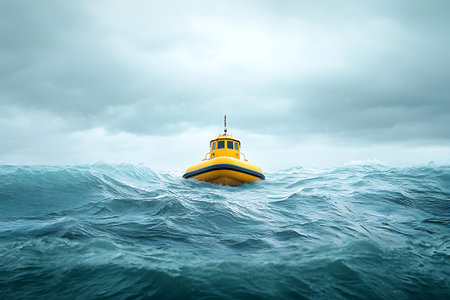 A striking yellow tugboat battles the tumultuous waves, creating a dynamic scene amid dramatic clouds. The image captures maritime adventure and resilience at sea.の写真素材