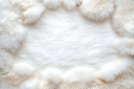 This image showcases a soft white and cream fur texture featuring fluffy edges, perfect for photography, interior decor, or fashion designs.の写真素材